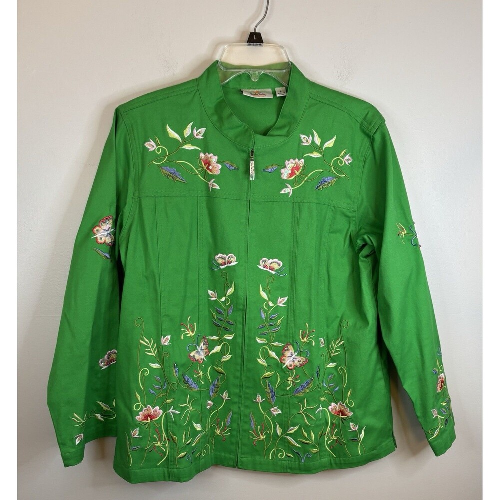 QUAKER FACTORY Green Floral Embroidered Zip Up Jacket Large Butterfly Spring NEW